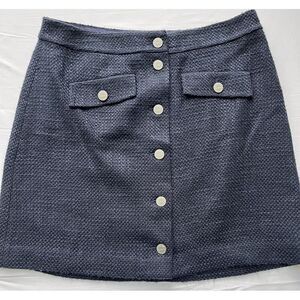 Loft Woven Button Front Skirt Size 10 Navy‎ Blue Lined Textured Tweed Wool Blend